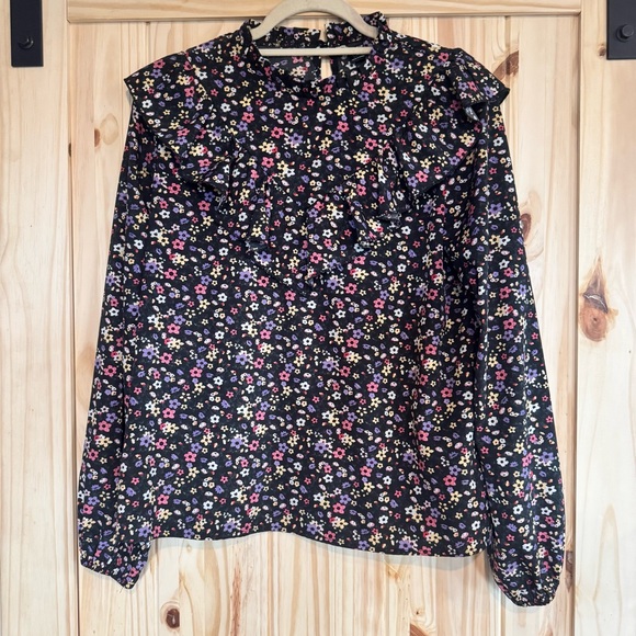 Black Floral Long Sleeve Ruffled Yoke Prairie Blouse size Large - Picture 8 of 9